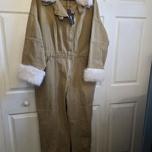 Fashion Nova Tan Jumpsuit with White Fur Trim